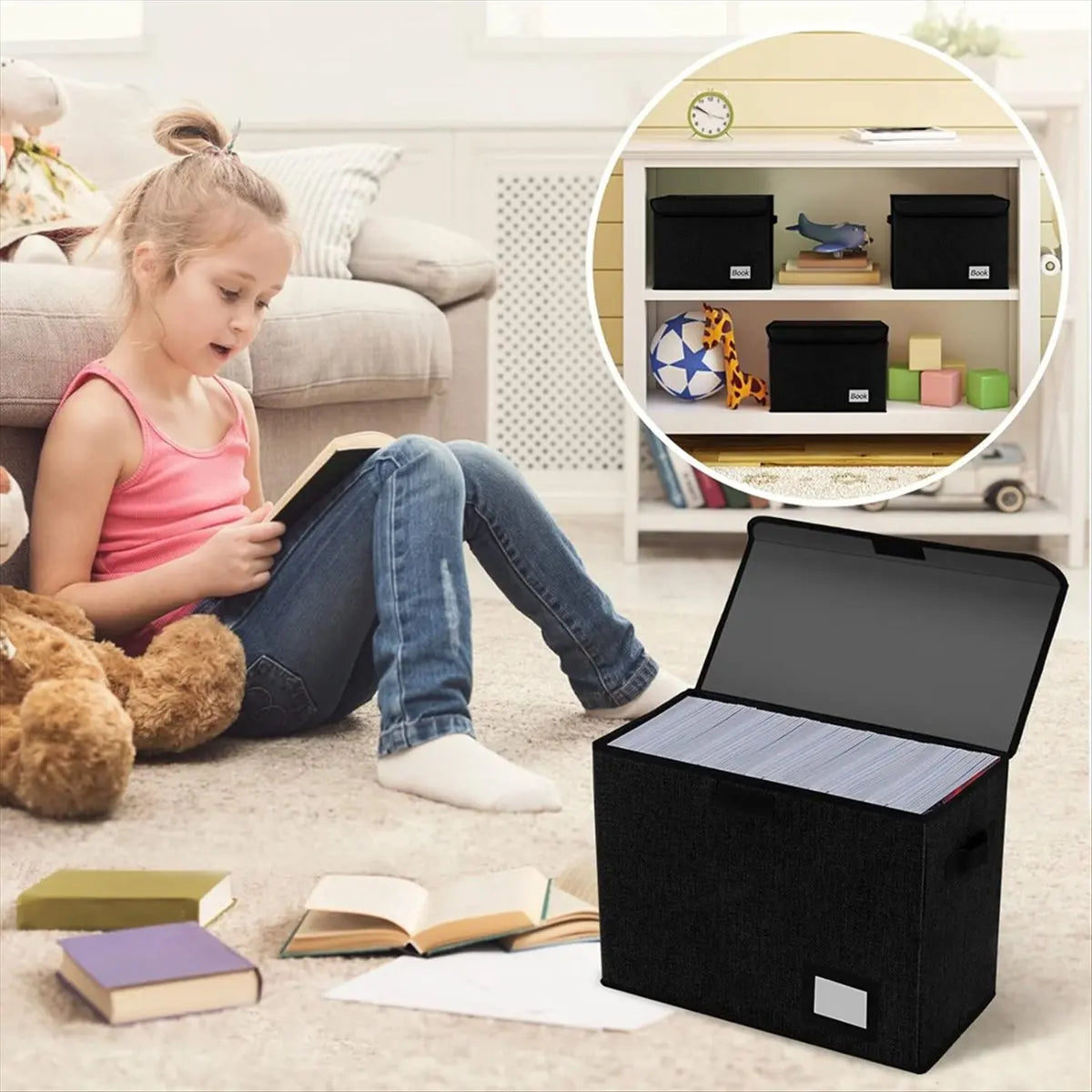 Comic Book Storage Boxes, Back to School Fold Comic Short Box Case with Lid, Book Bin Container Holds 150 Comics Black