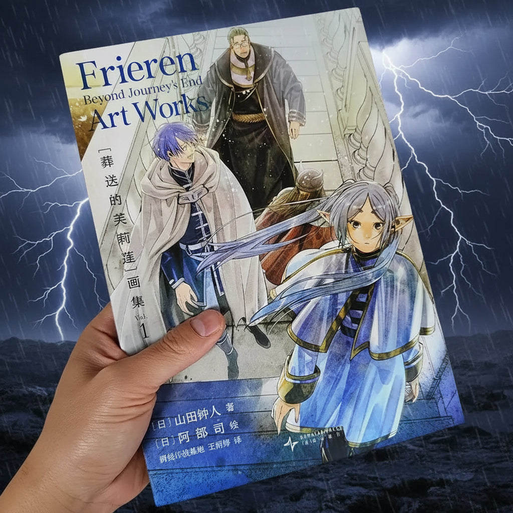 A hand holding a book titled "Frieren: Beyond Journey's End Art Works" against a plain light background. The book cover features anime-style artwork of characters in blue, gray, and beige tones.