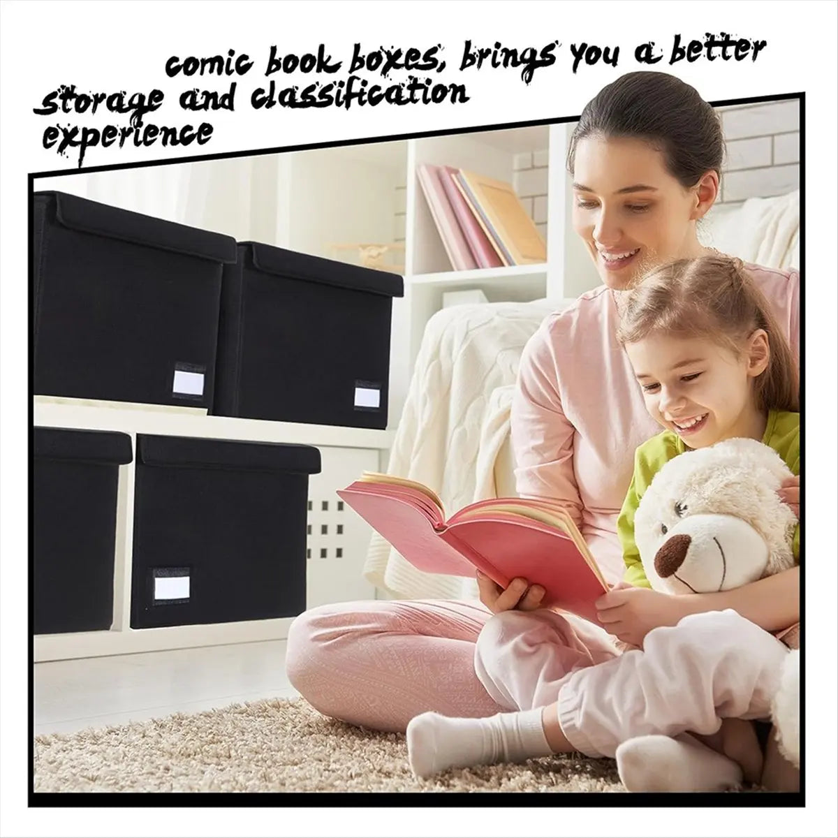 Comic Book Storage Boxes, Back to School Fold Comic Short Box Case with Lid, Book Bin Container Holds 150 Comics Black