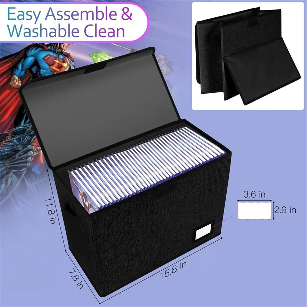 Comic Book Storage Boxes, Back to School Fold Comic Short Box Case with Lid, Book Bin Container Holds 150 Comics Black