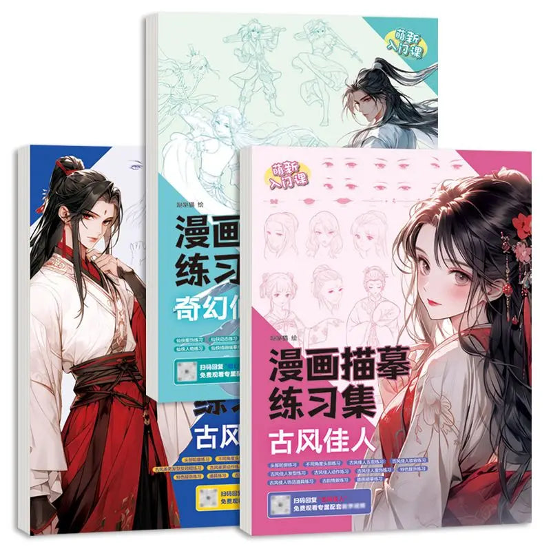 Comic Tracing Exercise Book with 12 Major Themes for Newbies, Free Video Coloring and Decompression, Cute Copying Sketch Book