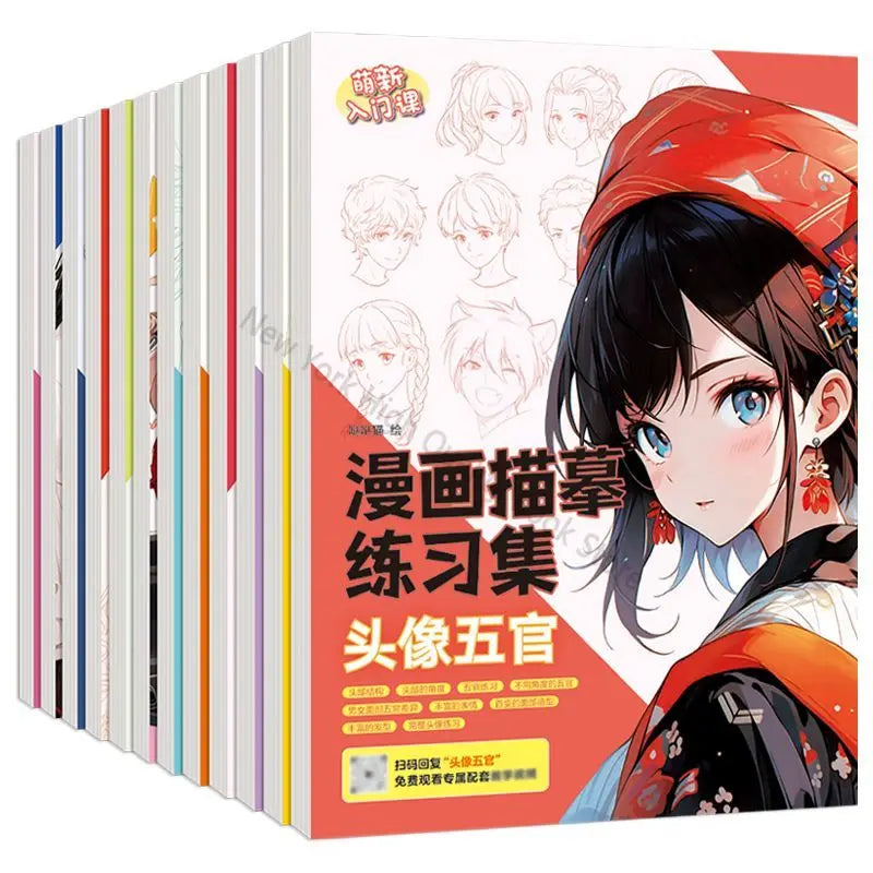 Comic Tracing Exercise Book with 12 Major Themes for Newbies, Free Video Coloring and Decompression, Cute Copying Sketch Book